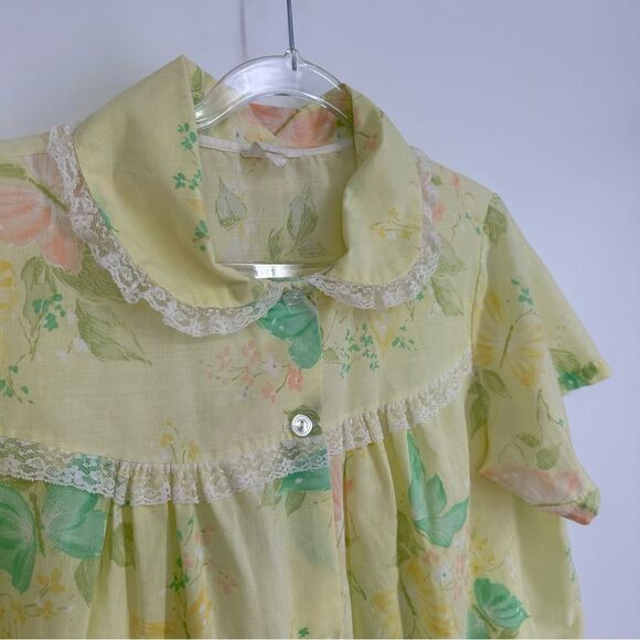 Vintage Button Up Pajama Top Peter Pan Collar Lace Butterflies Yellow Size L - Picture 3 of 10